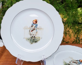 Vintage Holly Hobbie Dinner Plates - Girl with Rose, Silver Trim - 1975 Limited Edition PAIR