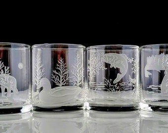 Wildlife Glasses Engraved On the Rocks Old Fashioned Glasses Barware North American Sportsman Barware Drinkware Whiskey Glasses - Set of 4