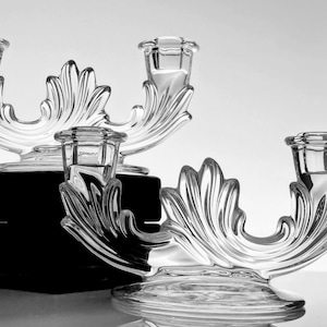 Vintage Crystal Candlesticks Fostoria Baroque 2-Arm Candle Holders Candelabras Mid-Century Tablescapes Wedding Table Clear Pressed Glass