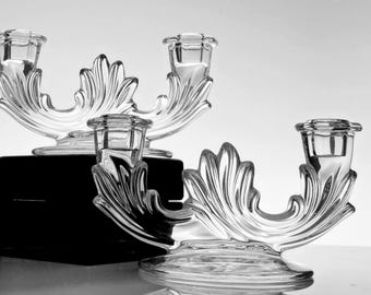 Vintage Crystal Candlesticks Fostoria Baroque 2-Arm Candle Holders Candelabras Mid-Century Tablescapes Wedding Table Clear Pressed Glass