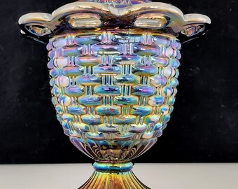 Carnival Glass Bowl and Lid Pedestal Imperial Blue Iridescent Basket Weave GIftware Vintage Lidded Bowl Decor Open Lace Rim 1970s LOVELY