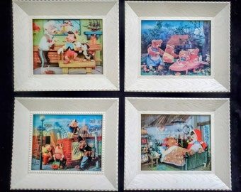 Vintage Disney Postcards Lenticular 1960s Hologram 3D Effect Framed  Pinocchio Red Riding Hood 3 Little Pigs Goldilocks Collection -Set of 4
