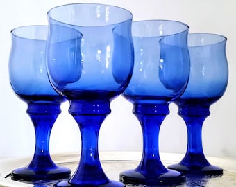 Vintage Blue Goblets Wine Glasses Clarion Mediterranean Cobalt Blue Libbey Blown Crystal Glass Stemware Barware Flared Rim Wafer Stem 6 3/4"