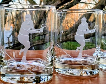 Tennis Player On the Rocks Old Fashioned Whiskey Glasses Etched Cut Engraved Tennis Barware Drinkware Double Old Fashioned Crystal - 4