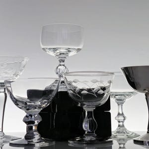 Vintage Champagne Coupe Collection Cut Etch Crystal Stemware Champagne Glasses Toasting Wedding Barware Curated Coordinating Set of 6