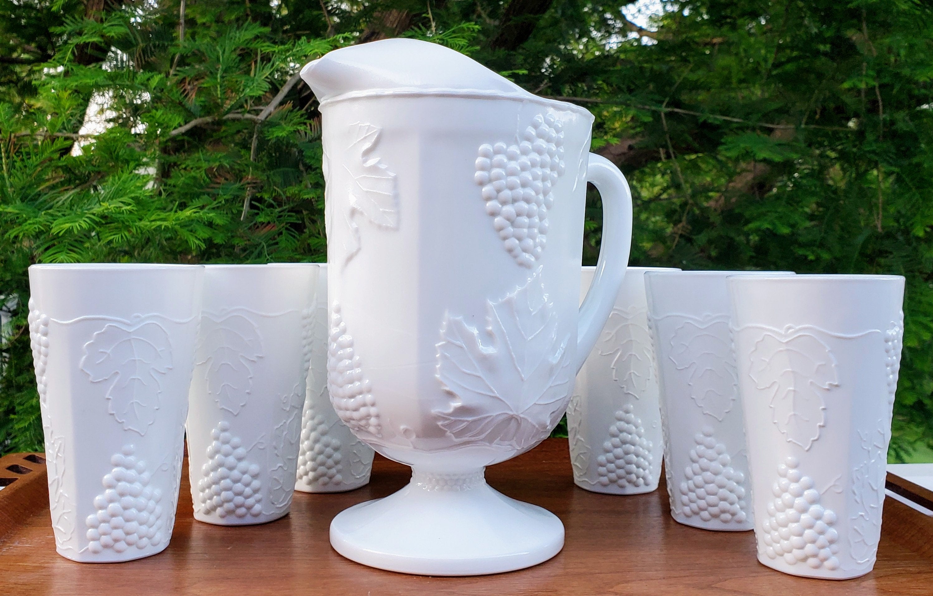 Milk Glass Pitcher and Glasses Set Harvest Colony Grapes and Leaves Indiana  Coolers Vintage 1960s Milk Glass Tumblers Ice Lip Pitcher 7pc