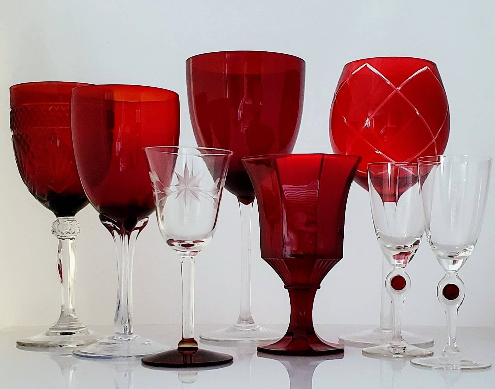 Ruby Red Wine Goblet Cordial Stemware Collection Vintage Barware Curated  Etched Cut Crystal Red and Clear Coordinating Mismatched -Set of 8