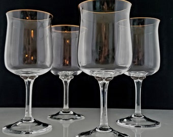 Lenox Intrigue Gold Trim Goblets Vintage Crystal Stemware 1970s Elegant Shapely Bowl Large Wine Glasses Barware 7 1/8" Set of 4
