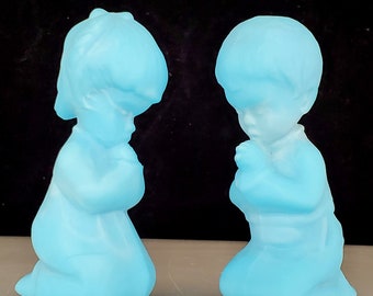 Fenton Boy Girl Praying Figurines Blue Satin Glass Religious Decor Children in Prayer Baptism Communion Reconciliation Gift Idea - Pair