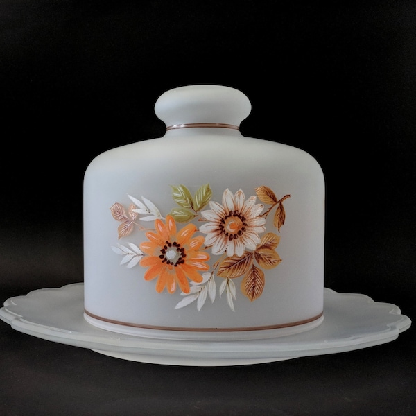 Westmoreland Cheese Plate or Cake Plate w Lid Vintage Hand Painted Flowers Small Cake Plate Cheese Plate Satin Frosted Glass Lovely!