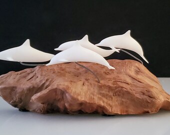 Dolphins Sculpture John Perry Burl Wood Base Vintage Contemporary Decor White Dolphins Contemporary Modern Handcrafted Sculpture Collectible