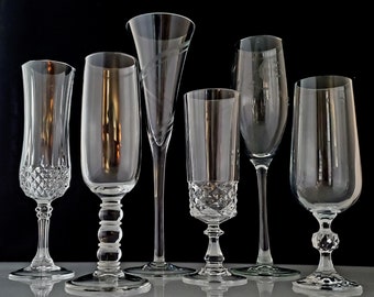 Vintage Champagne Flutes Etched Cut Crystal Collections Stemware Barware Coordinating Curated Mismatched Gift Set Wedding Toasting Glasses 6