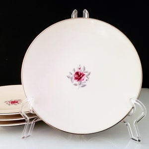 Flintridge Delrose Bread & Butter Plates Pink Rose Gray Leaves Silver Platinum Trim Vintage 1960 Mid Century Fine China California 6 3/8 4pc