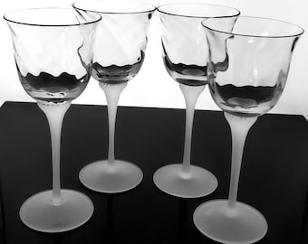 Wine Glasses Frosted Stem Swirl Optic Bowl Crystal Clear Industries Valerie Vintage Tall Wine Glasses Goblets Elegant Barware 8" - Set of 4