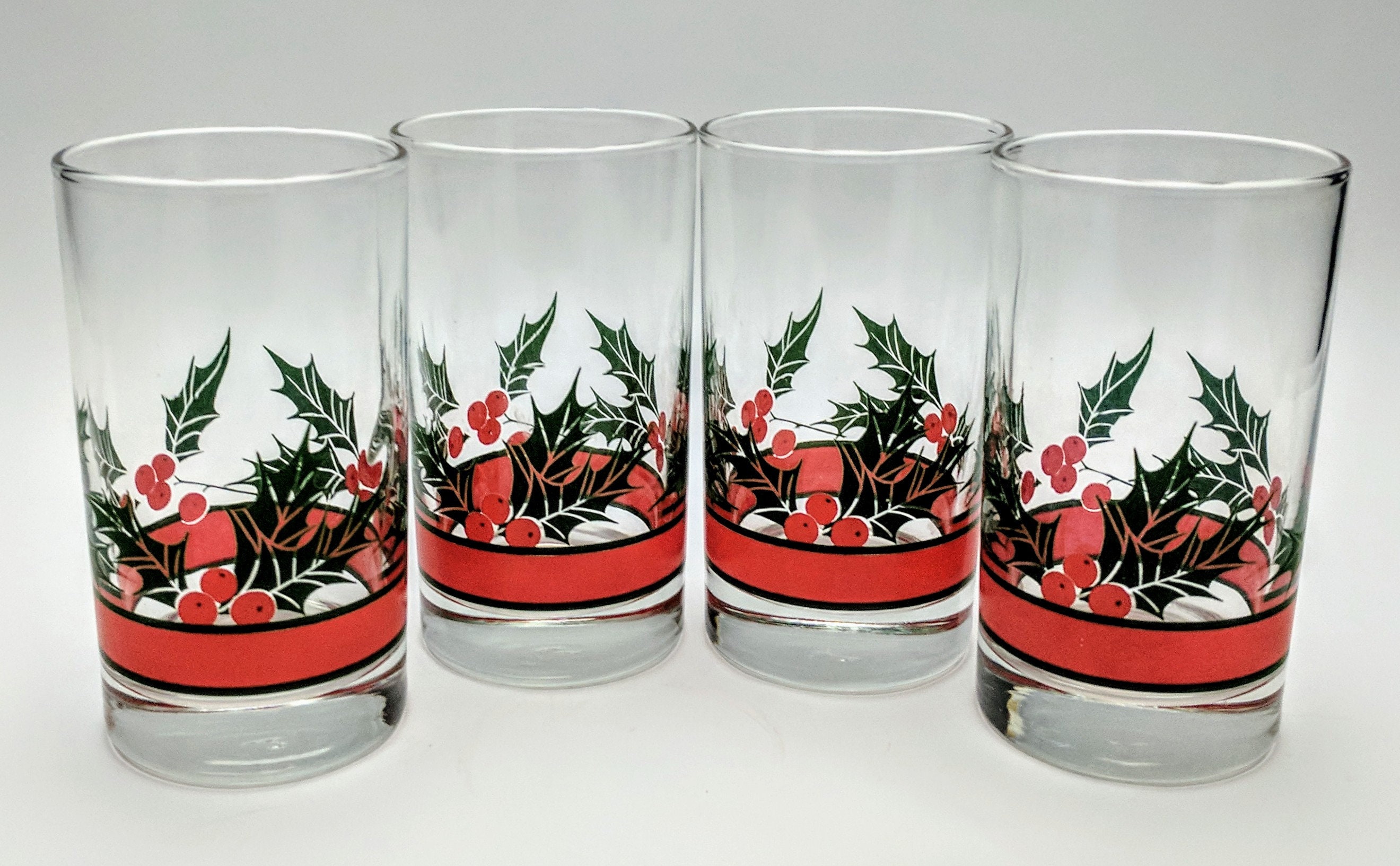Vintage Holly Berry Christmas Glasses Holiday Glasses Red and Etsy