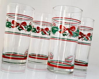 Vintage Christmas Glasses Holly and Berries Red Ribbon Bow Holiday Tumblers Barware Retro Red and Green Bands Drinkware - 4