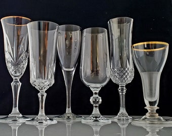 Vintage Champagne Flutes Etched Cut Crystal Collections Stemware Barware Coordinating Curated Mismatched Gift Set Wedding Toasting Glasses 6