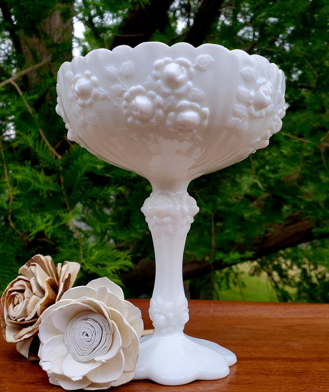 Fenton Rose Milk Glass Bowl Pedestal Vintage Embossed Cabbage Etsy