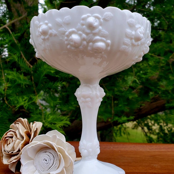 Fenton Rose Milk Glass Bowl Pedestal Vintage Embossed Cabbage Rose Centerpiece Wedding Table Decor Scalloped Ribbed White 1960s Beauty