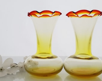 Vintage Amberina Vases Art Glass Bud Vases Ruffled Rim Bulbous bottoms Red Orange Yellow Small Petite Lovely - Pair