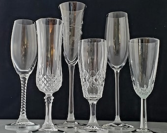 Vintage Champagne Flutes Etched Cut Crystal Collections Stemware Barware Coordinating Curated Mismatched Gift Set Wedding Toasting Glasses 6