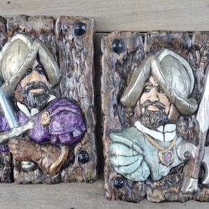 Spanish Conquistador Wall Plaques Vintage Ceramic 1960s-70s Medieval Knights Gothic Man Cave Decor Retro Large - Pair