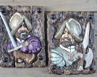 Spanish Conquistador Wall Plaques Vintage Ceramic 1960s-70s Medieval Knights Man Cave Decor Retro Large - Pair