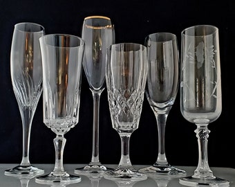 Vintage Champagne Flutes Etched Cut Crystal Collections Stemware Barware Coordinating Curated Mismatched Gift Set Wedding Toasting Glasses 6