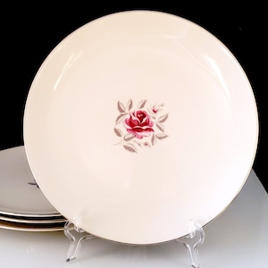 Flintridge Delrose Dinner Plates Pink Rose Gray Leaves Silver Platinum Trim Vintage 1960 Mid Century Fine China California LARGE 10 3/4&quot; 4PC