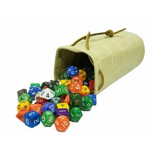May include: A beige leather dice bag with a drawstring closure, spilling out a variety of colorful dice with black numbers.