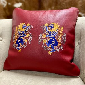Handmade Genuine Top Grain Cowhide Leather Machine Embroidered Celtic Rampant Lions Decorative Throw Pillow Cover