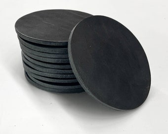 Posavasos troquelados de cuero genuino de vaca curtido vegetal negro, 3" de diámetro, 8/10 oz, 3,2/4,0 mm.