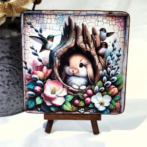 EASTER BUNNY Wood Sign, Spring Rabbit Mini Art, Woodland Forest Tier Tray, Wooden Flower Plaque, Floral Block Print, Wildlife Home Decor