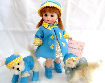 RAINING CATS And DOGS Madame Alexander 8" Doll with Box and Tag - Rare, Retired Rainy Day Raincoat Doll Set