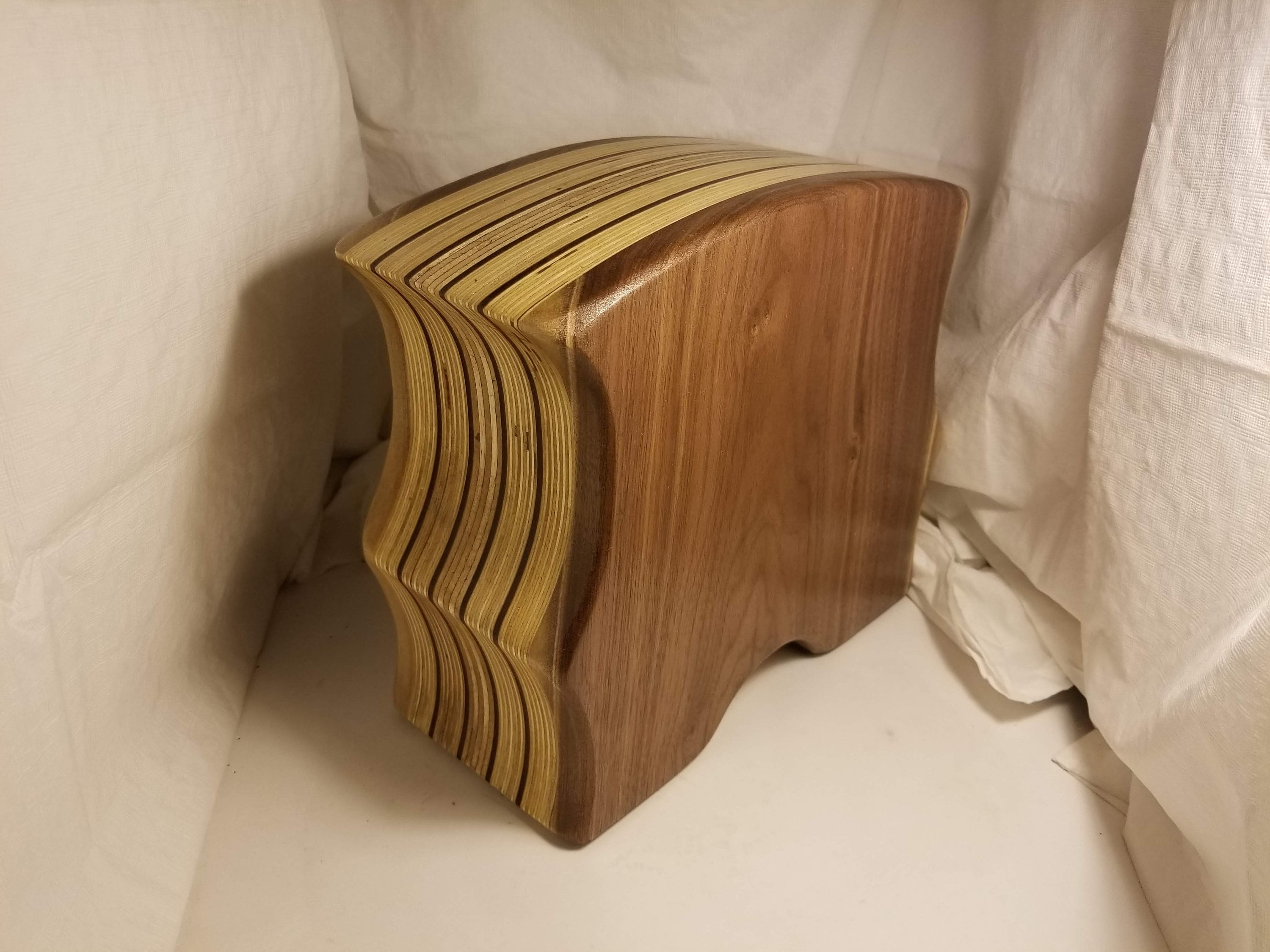 Bandsaw box made from black walnut, plywood, and mappa burl