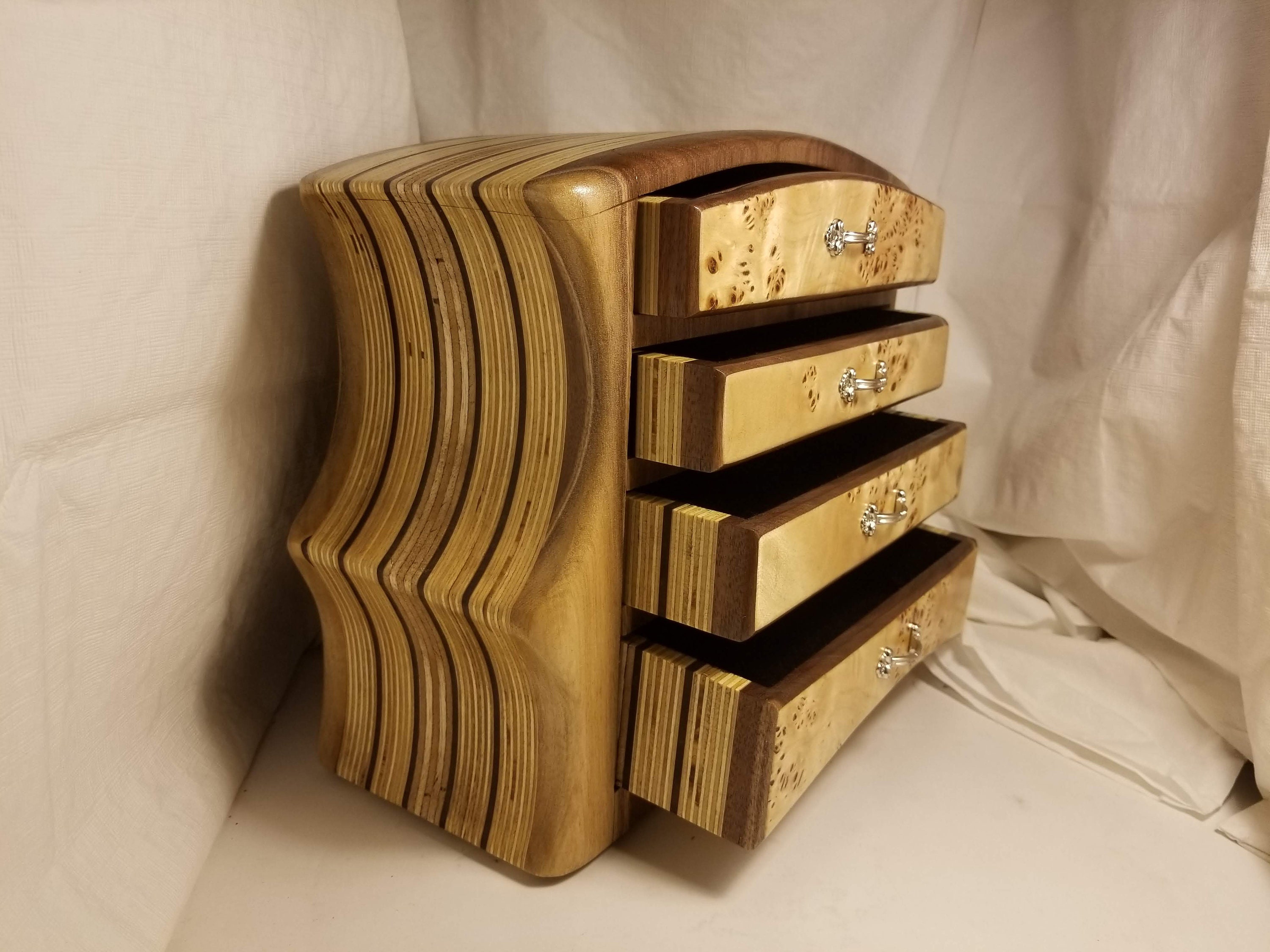 Bandsaw box made from black walnut, plywood, and mappa burl