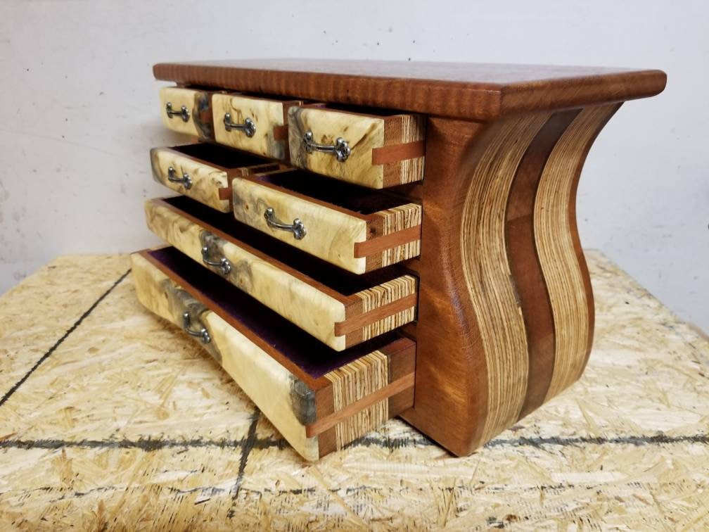 Bandsaw/ jewelry box made from curly mahogany, mahogany,buckeye burl