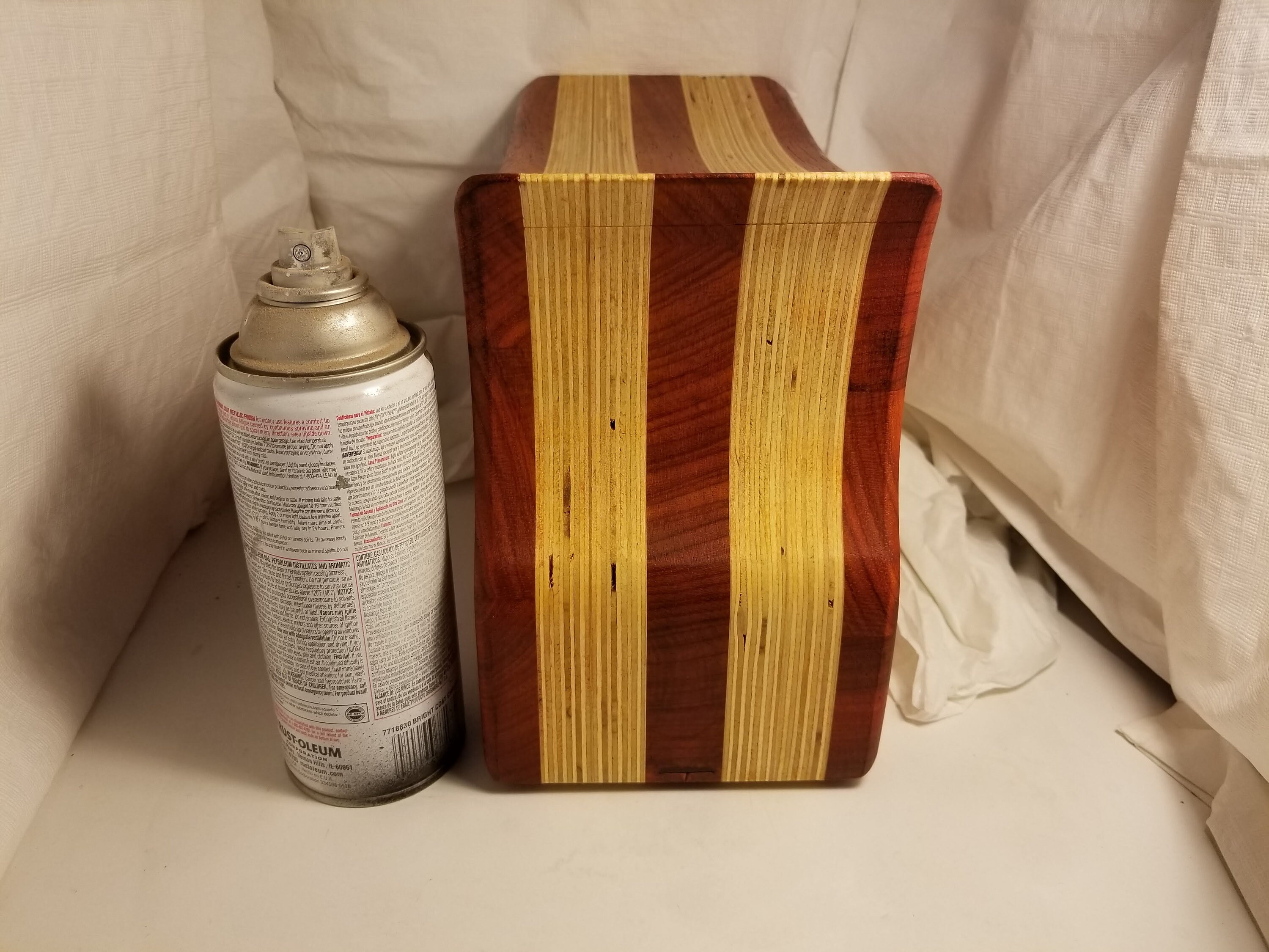 Bandsaw box made from padauk, red flame box elder, and plywood