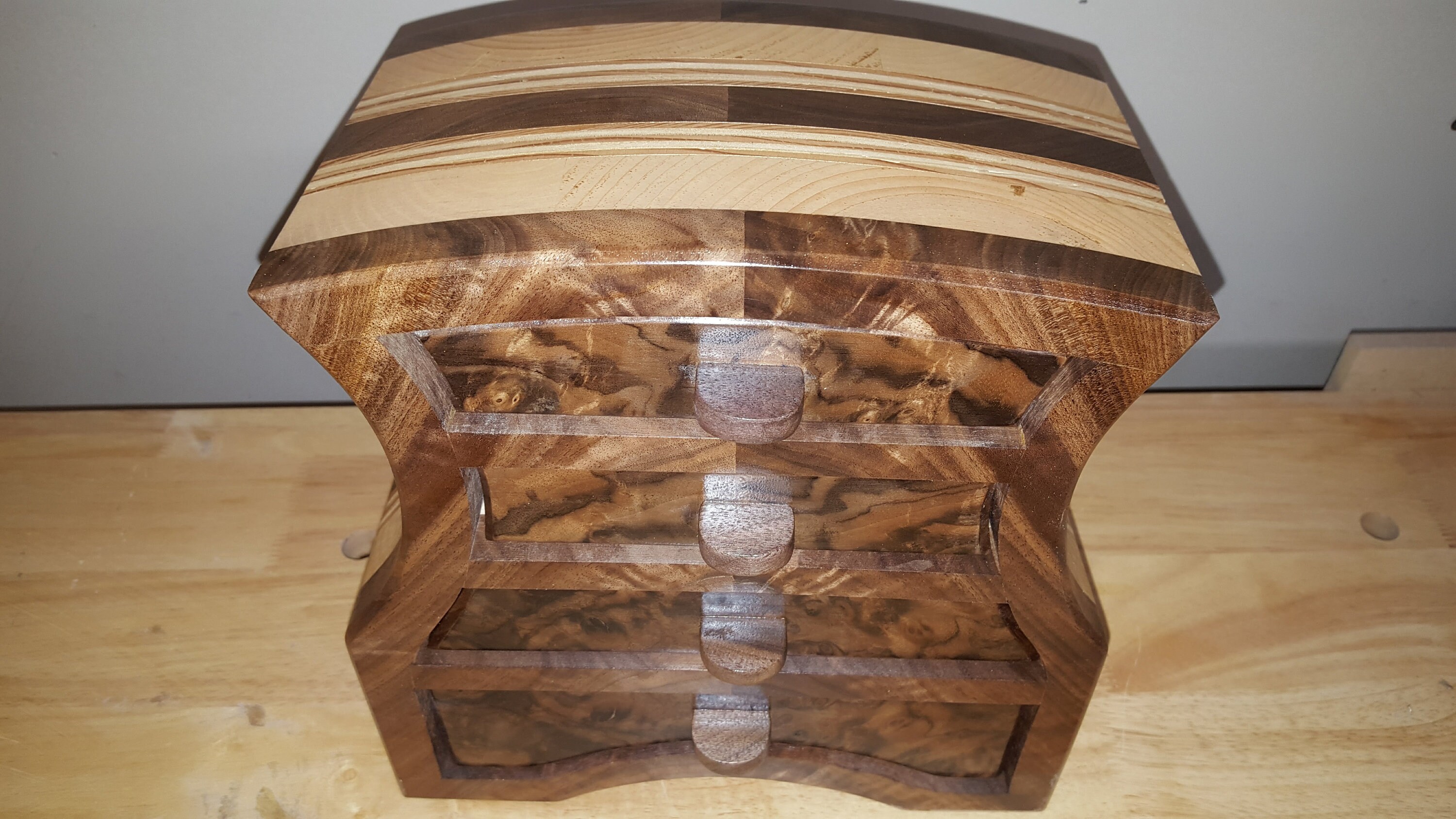 Bandsaw box made from claro walnut, walnut burl veneer, pine,and plywood