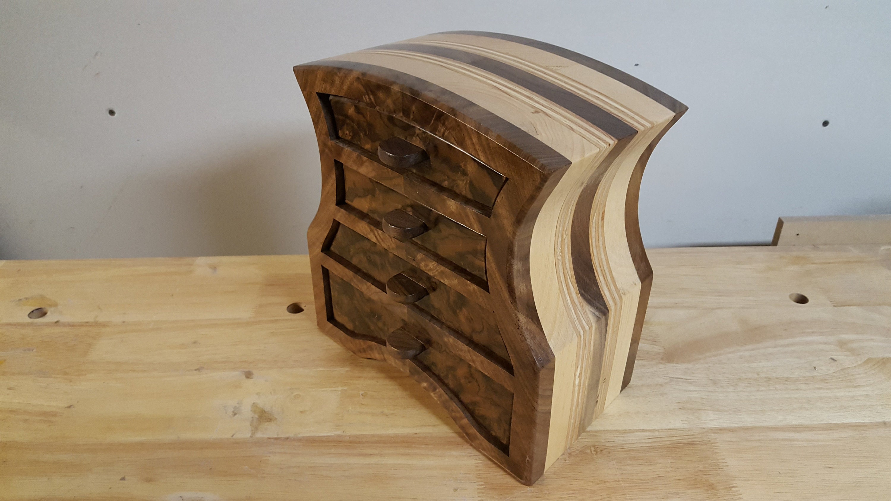 Bandsaw box made from claro walnut, walnut burl veneer, pine,and plywood