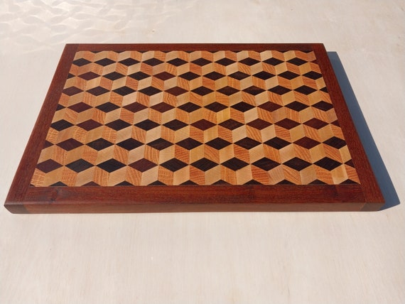 3D end grain cutting board made from rosewood, oak, and maple