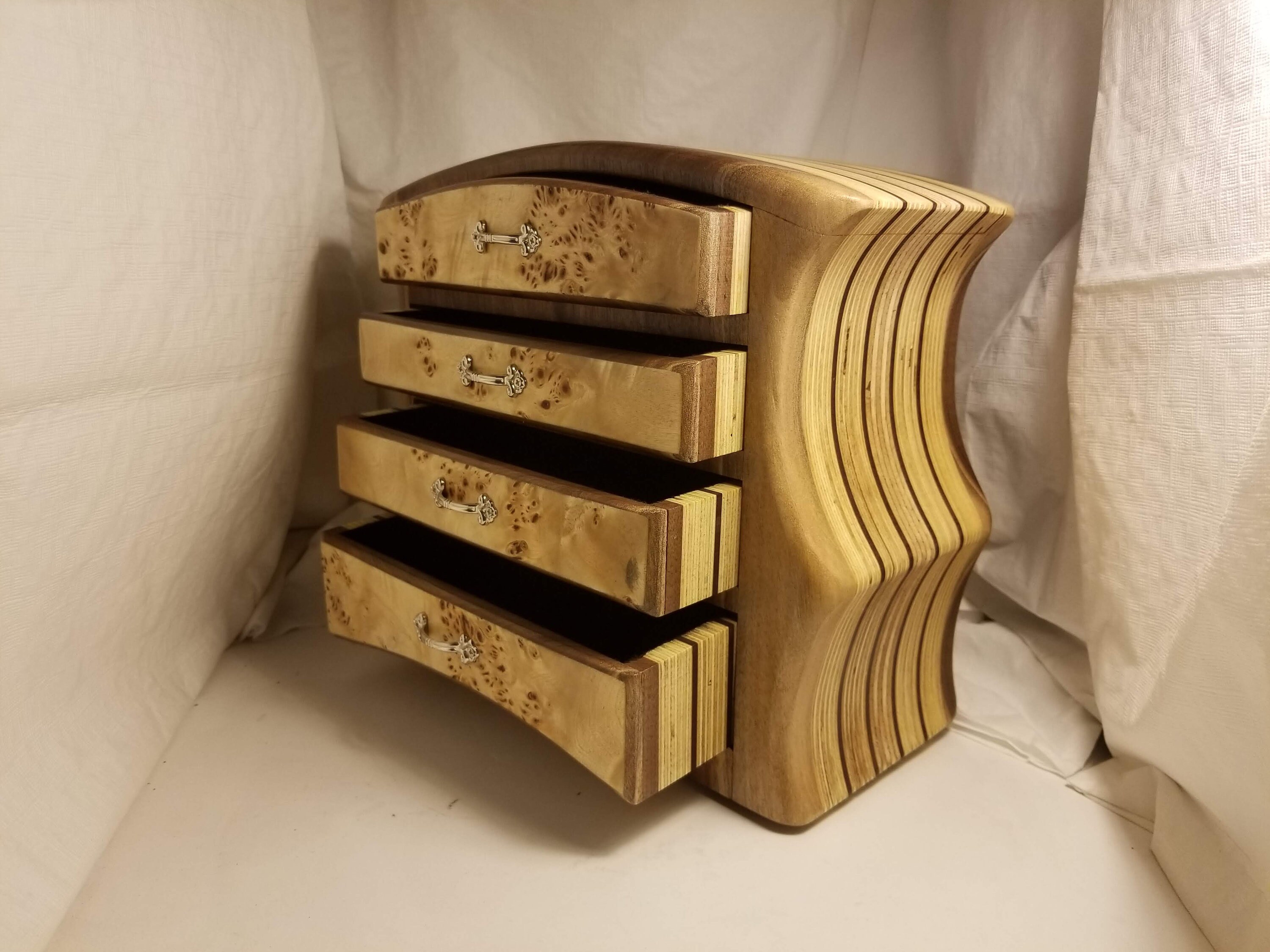 Bandsaw box made from black walnut, plywood, and mappa burl