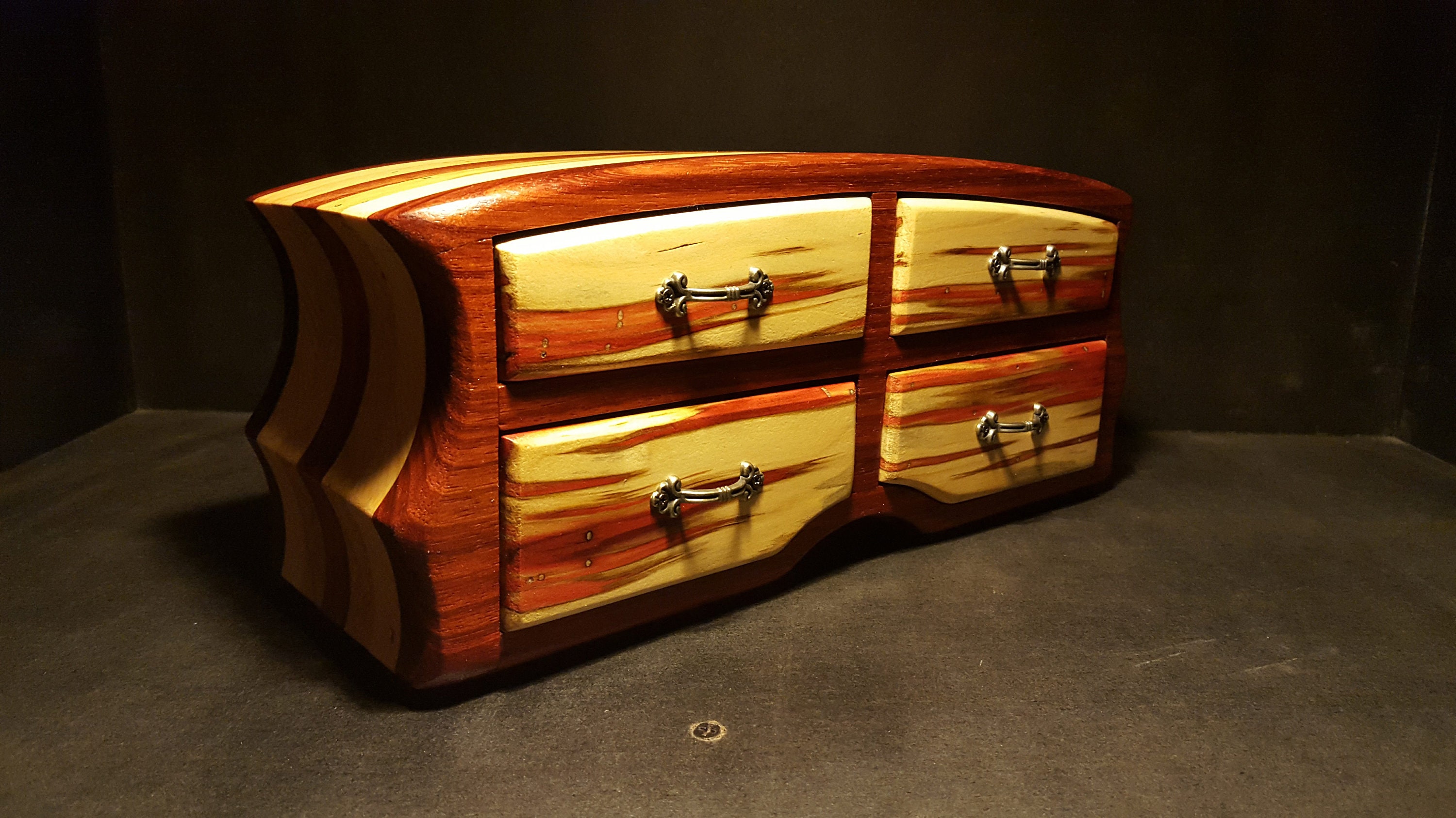 Bandsaw box / jewelry box made from padauk, bloodwood, pine, and red