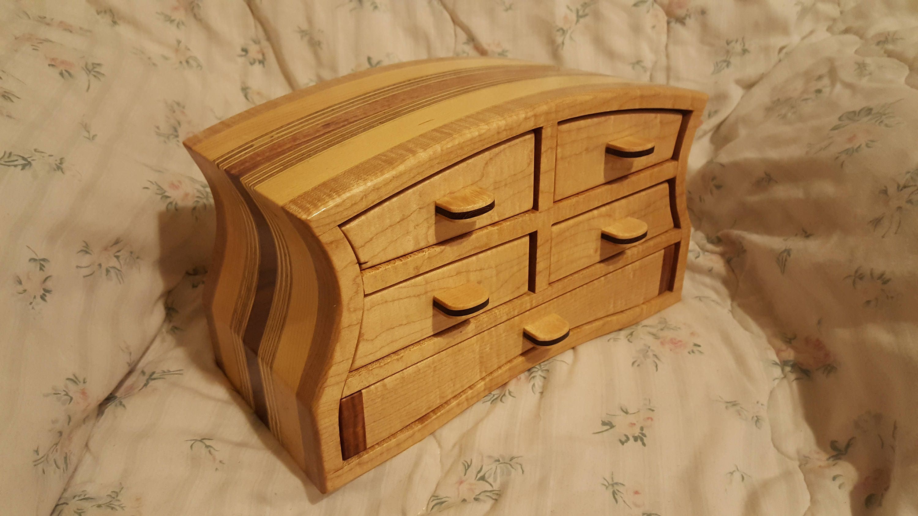 Jewelry box made from quilted maple,patagonia rosewood,wenge, pine,and