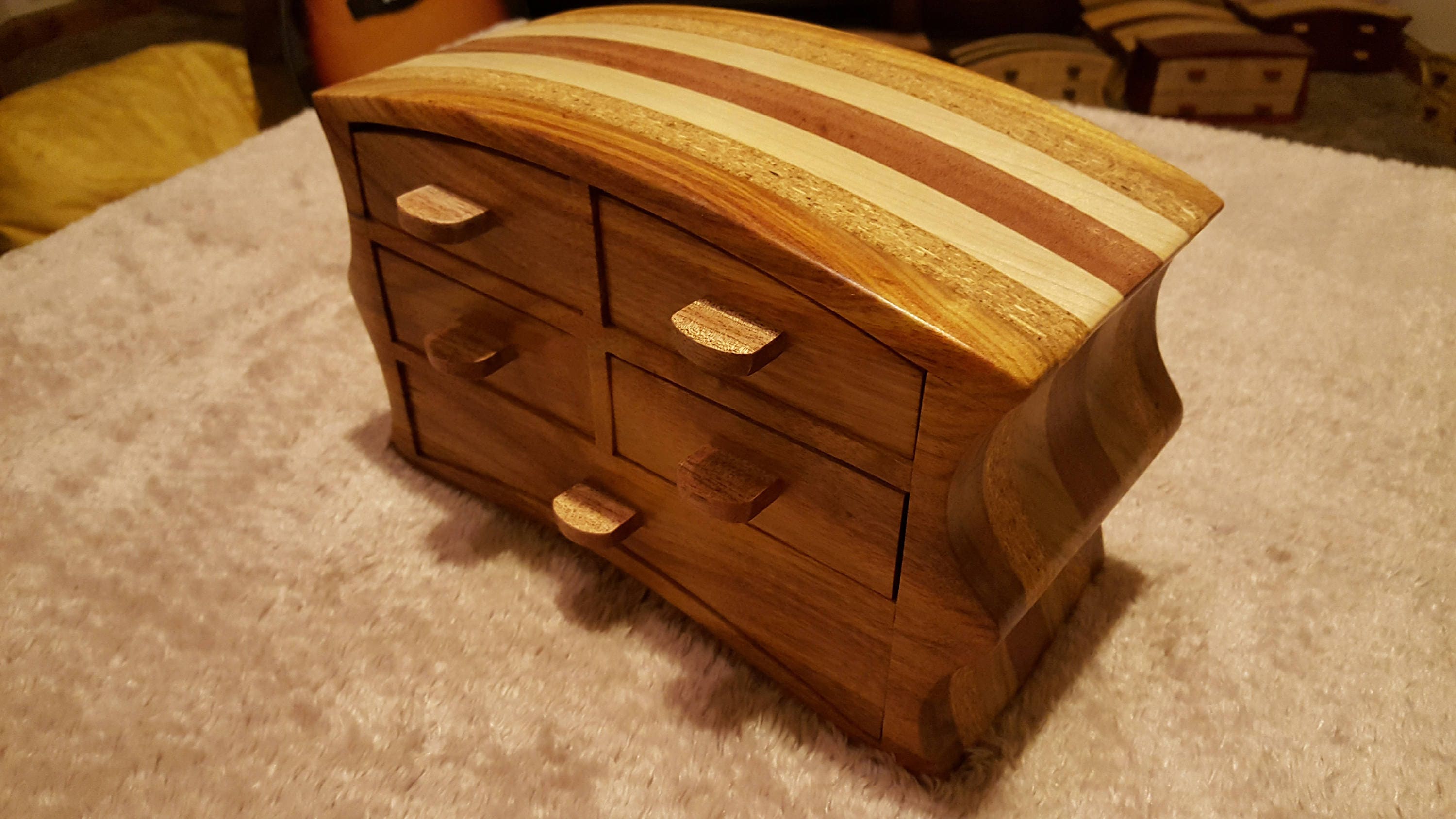 Bandsaw box made from canary wood, poplar,wild cherry, and particle board