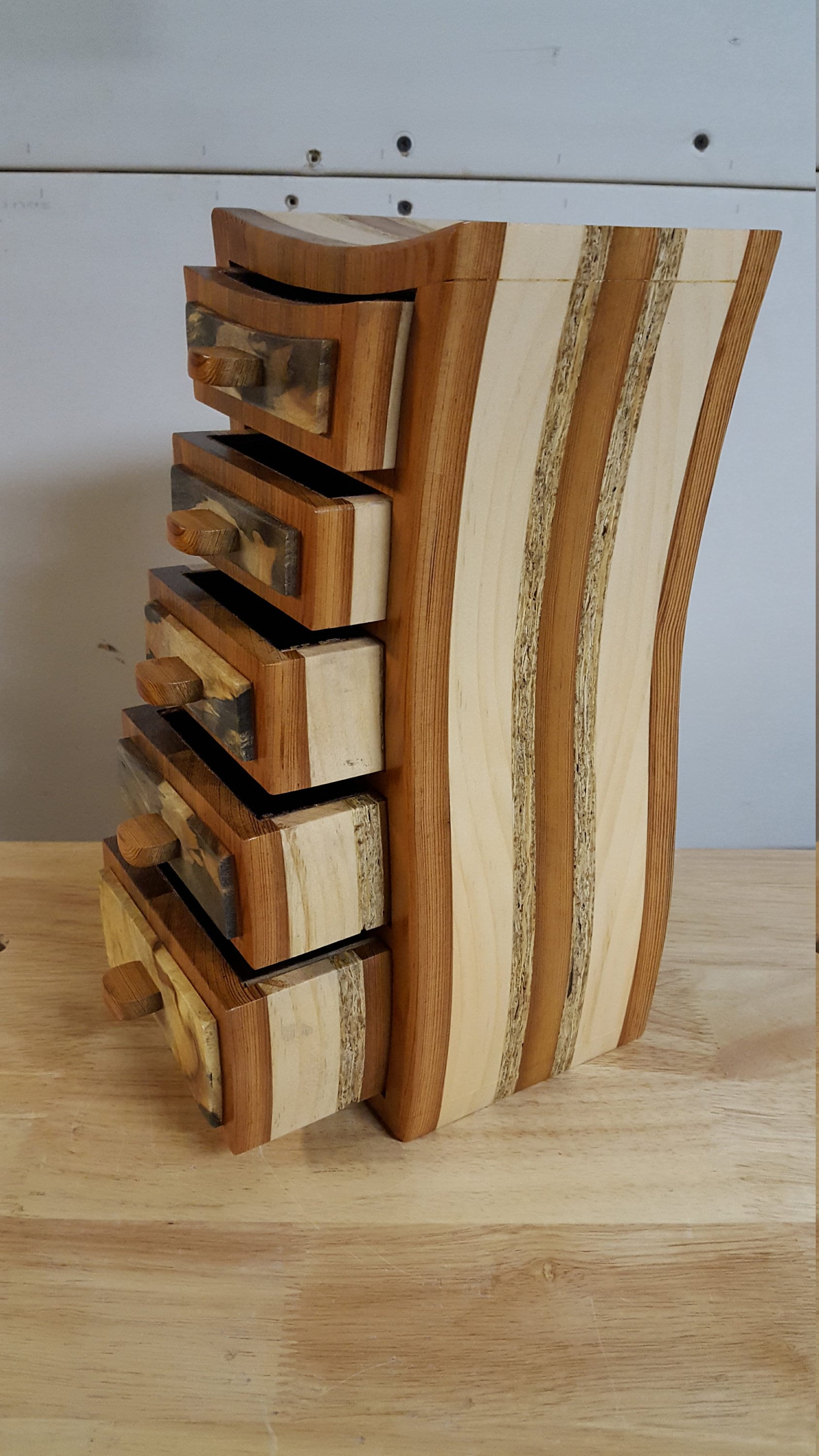 Bandsaw box made from heart pine,pine,buckeye burl, and osb