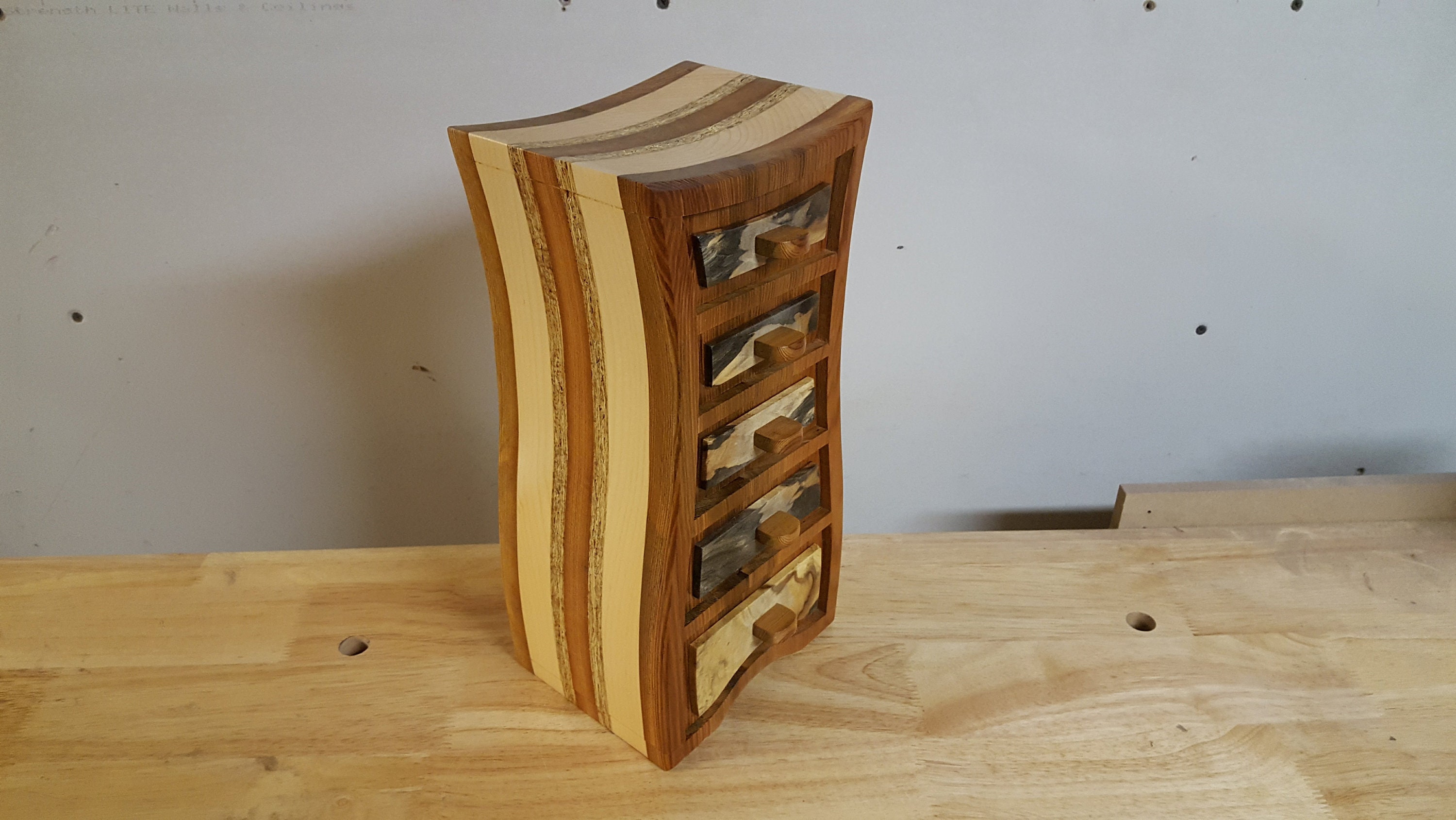 Bandsaw box made from heart pine,pine,buckeye burl, and osb