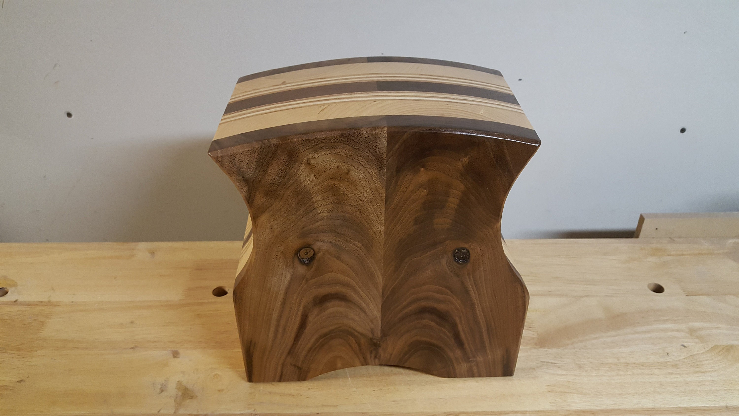 Bandsaw box made from claro walnut, walnut burl veneer, pine,and plywood
