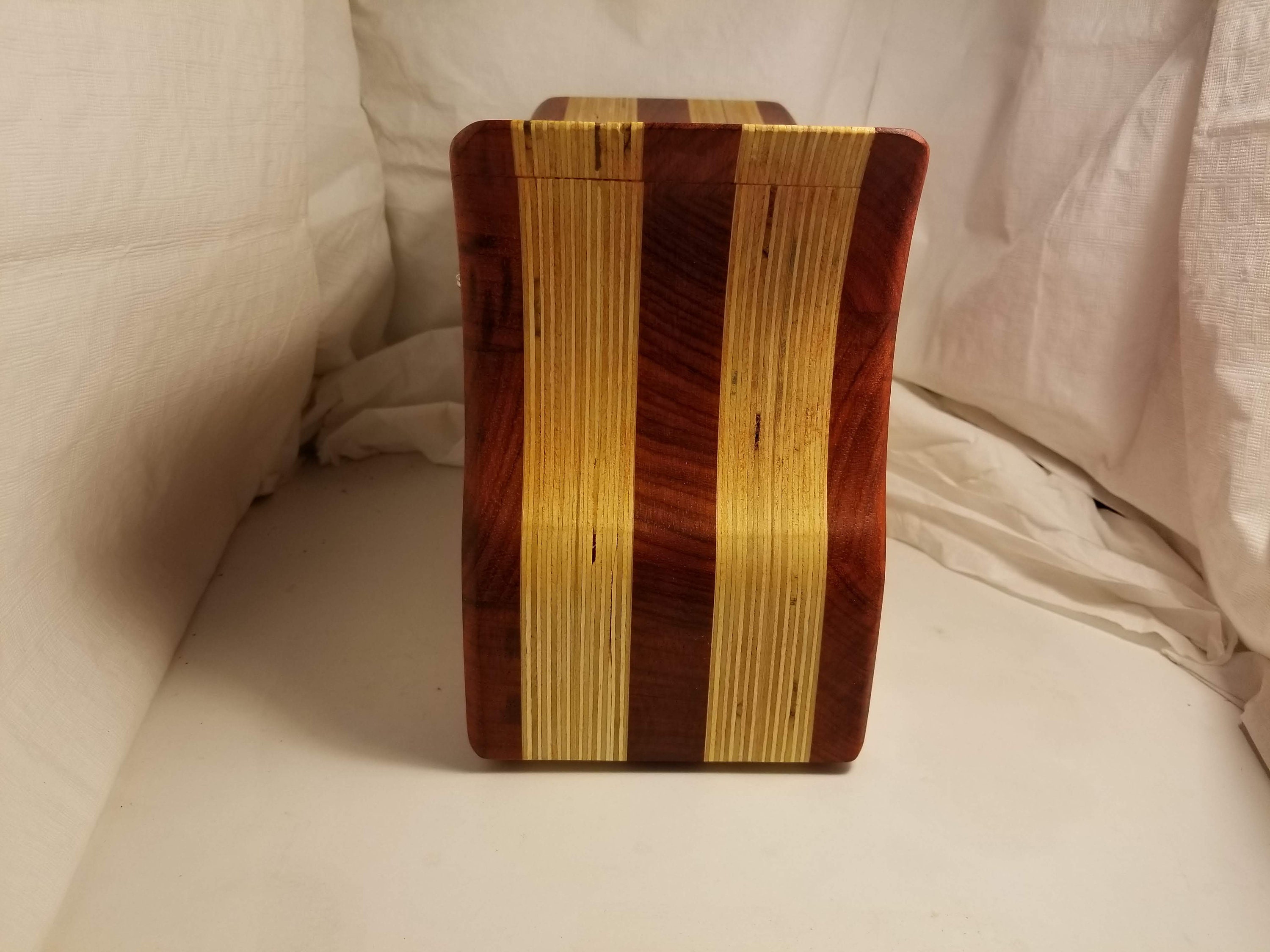 Bandsaw box made from padauk, red flame box elder, and plywood