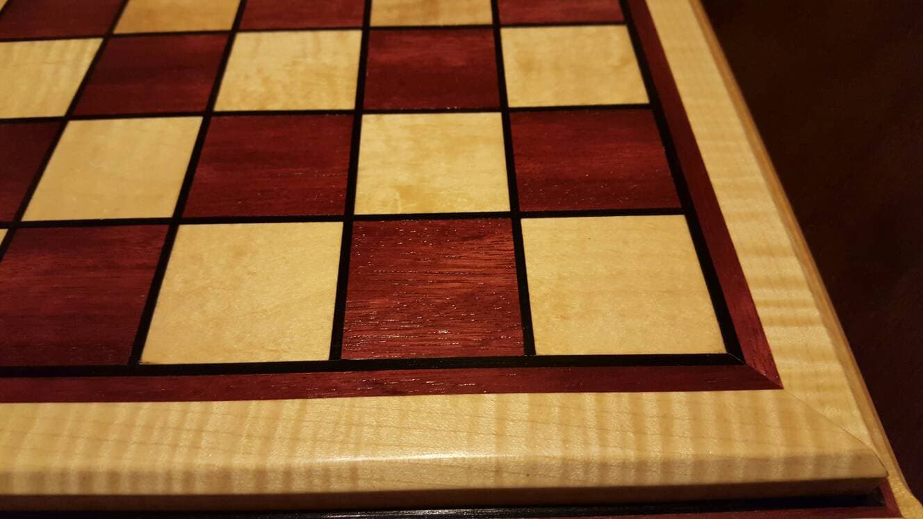 Chessboard Made Of Purple Heart And Tiger Maple With Ebony Inlays